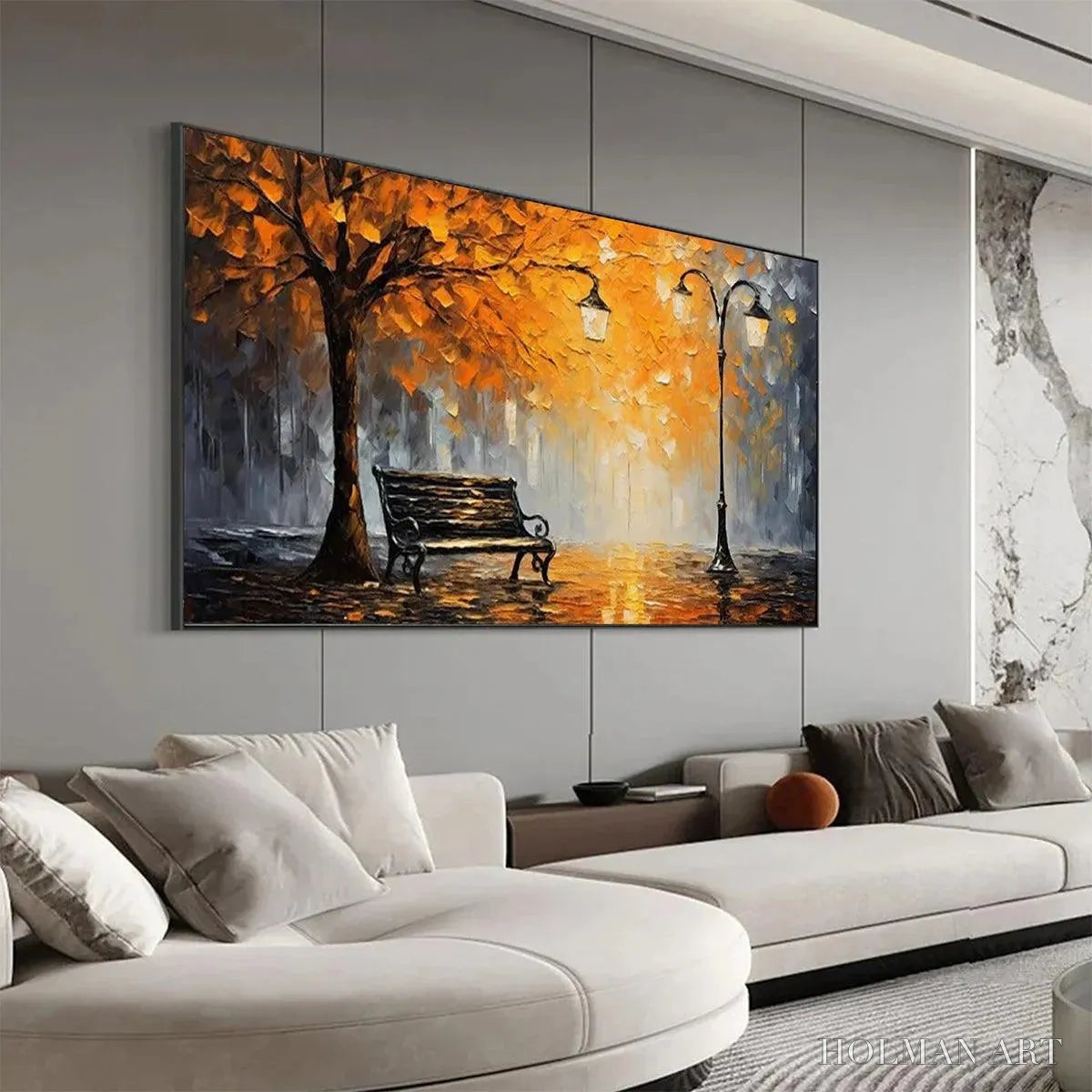 HOLMAN ART Autumn Park Bench – Impressionistic Park Painting in Orange and Grey - image 4