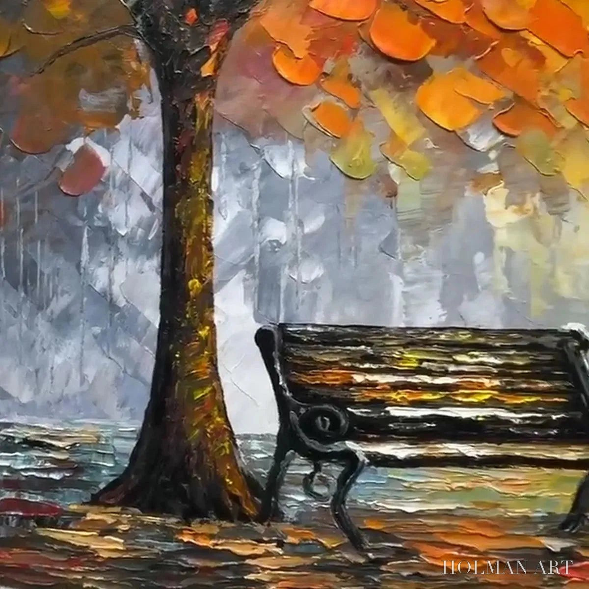 HOLMAN ART Autumn Park Bench – Impressionistic Park Painting in Orange and Grey - image 5