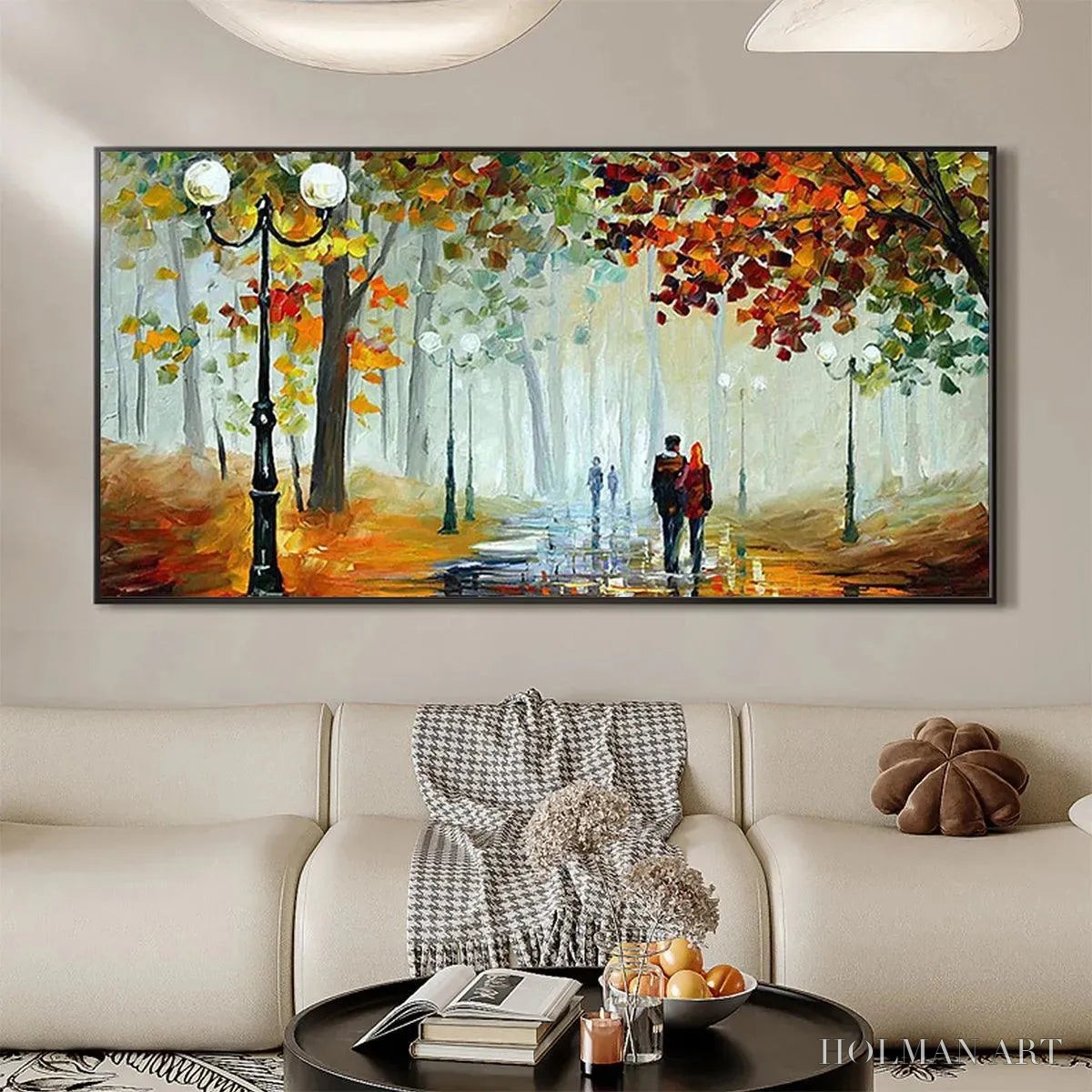 HOLMAN ART Autumn Park Stroll – Romantic Park Landscape Painting, Horizontal - image 2
