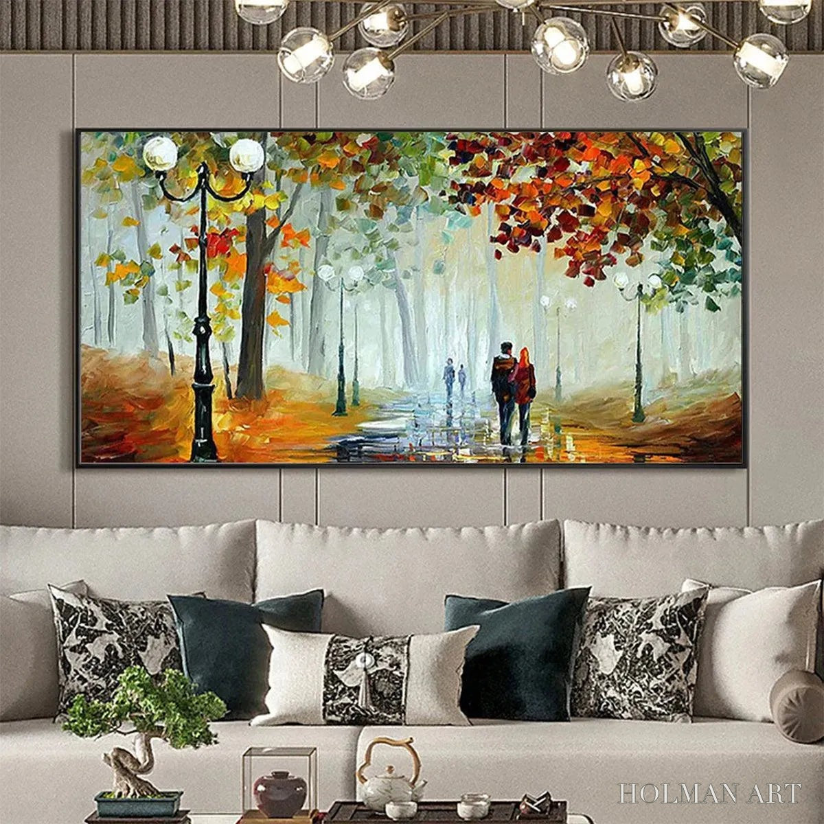 HOLMAN ART Autumn Park Stroll – Romantic Park Landscape Painting, Horizontal - image 4
