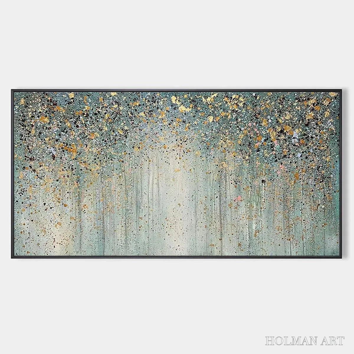 HOLMAN ART Golden Rain – Textured Abstract Landscape Painting in Green and Gold - image 1