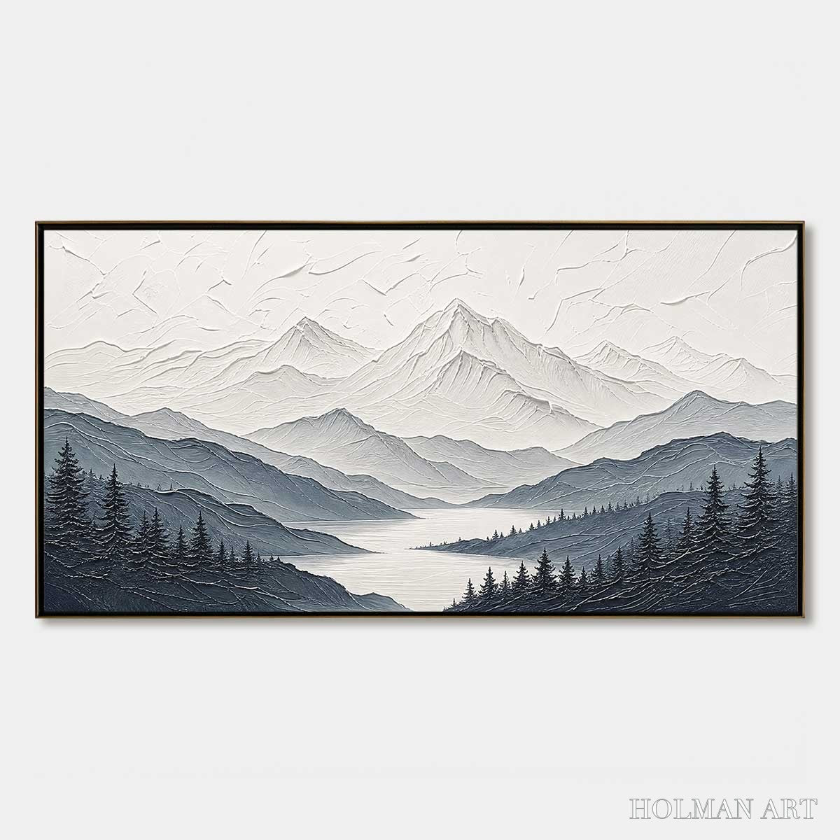 HOLMAN ART Whispering Peaks – Textured Monochrome Mountain Lake Landscape Painting - image 1