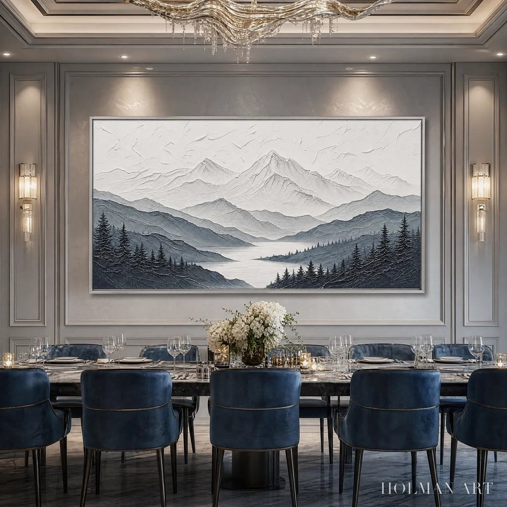 HOLMAN ART Whispering Peaks – Textured Monochrome Mountain Lake Landscape Painting - image 2