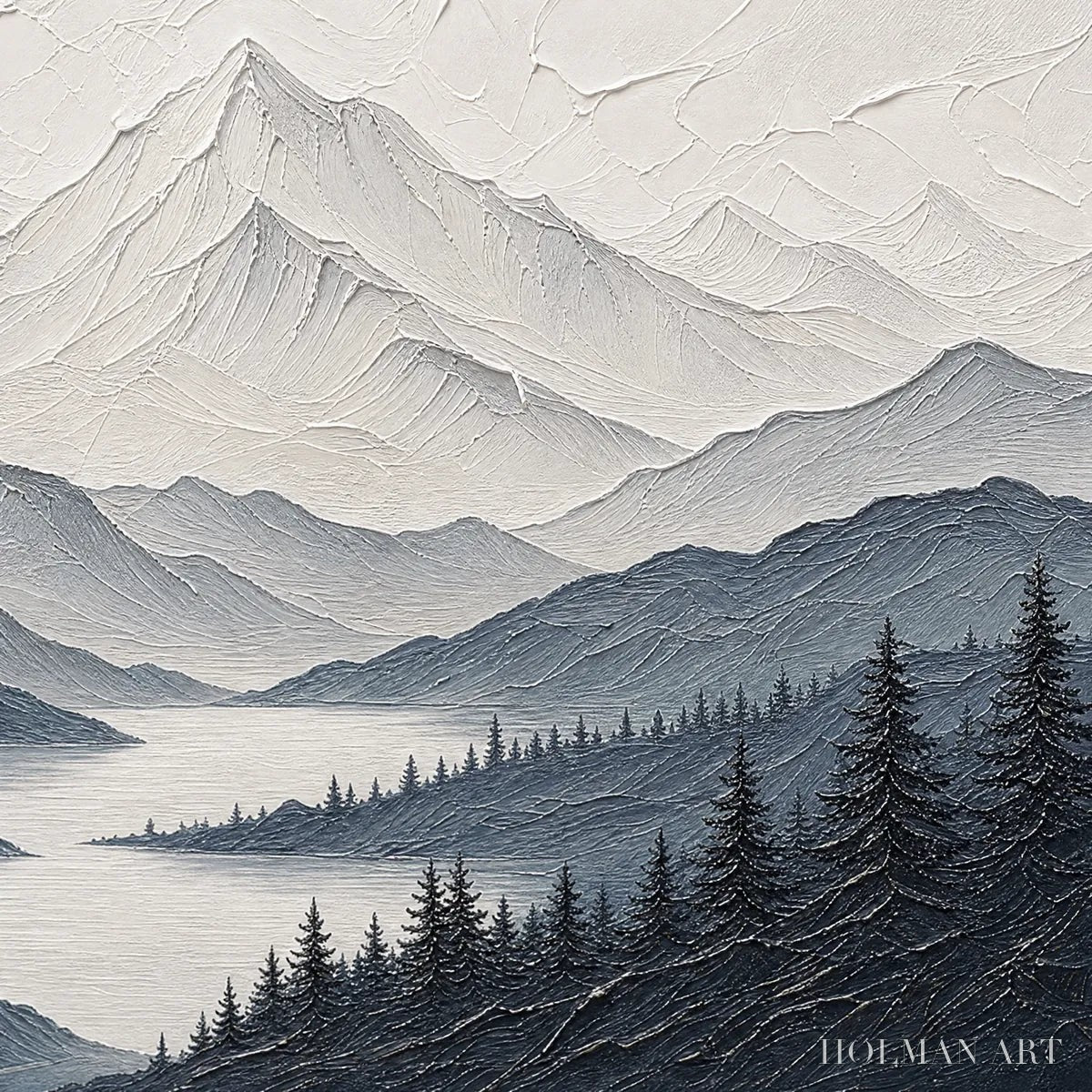 HOLMAN ART Whispering Peaks – Textured Monochrome Mountain Lake Landscape Painting - image 3