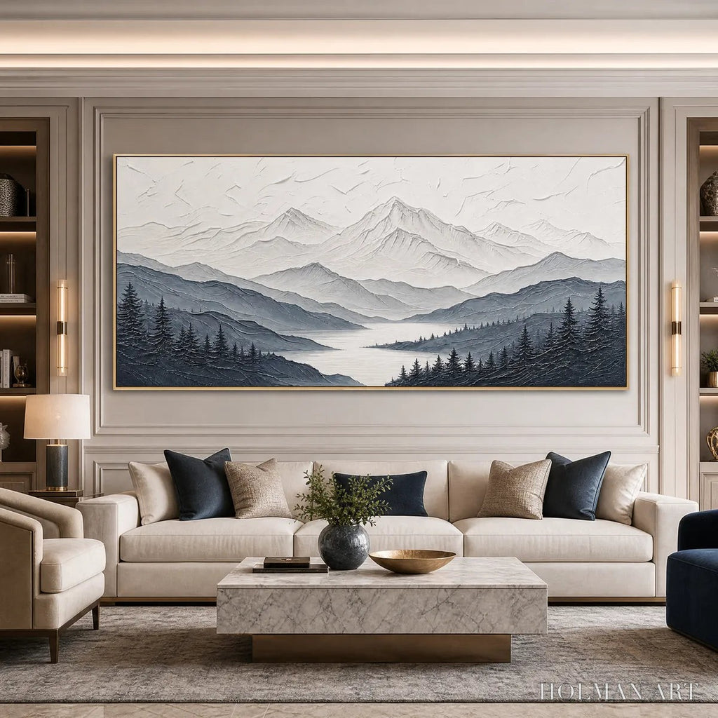 HOLMAN ART Whispering Peaks – Textured Monochrome Mountain Lake Landscape Painting - image 4