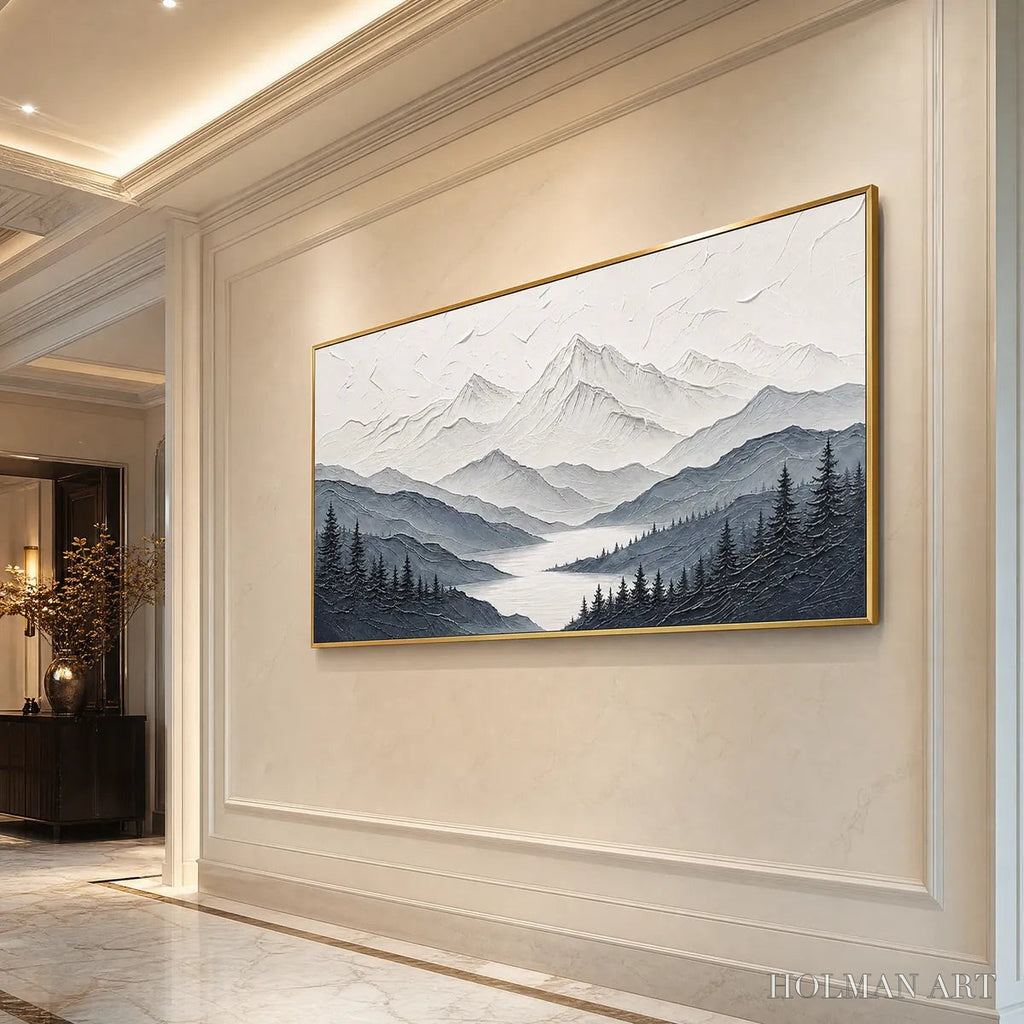 HOLMAN ART Whispering Peaks – Textured Monochrome Mountain Lake Landscape Painting - image 5