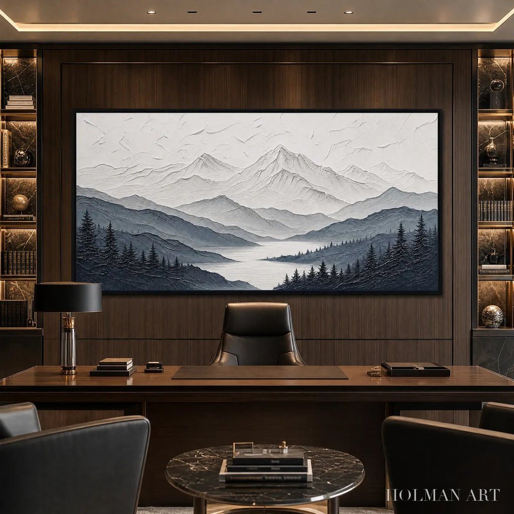 HOLMAN ART Whispering Peaks – Textured Monochrome Mountain Lake Landscape Painting - image 6