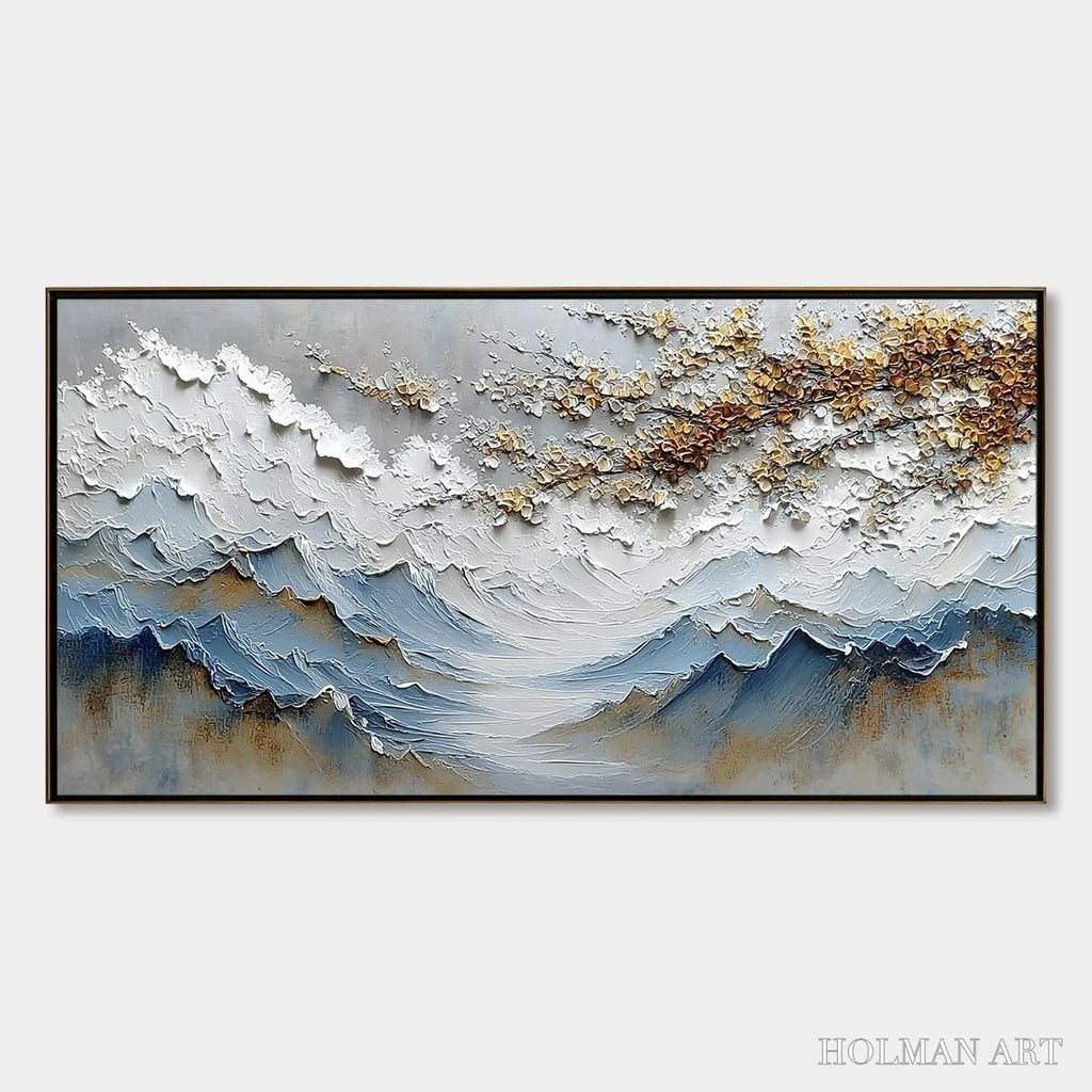 HOLMAN ART Whispers of the Valley – Textured Mountain Landscape Painting with Golden Blossoms - image 1