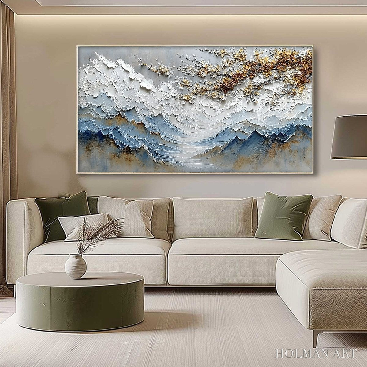 HOLMAN ART Whispers of the Valley – Textured Mountain Landscape Painting with Golden Blossoms - image 4