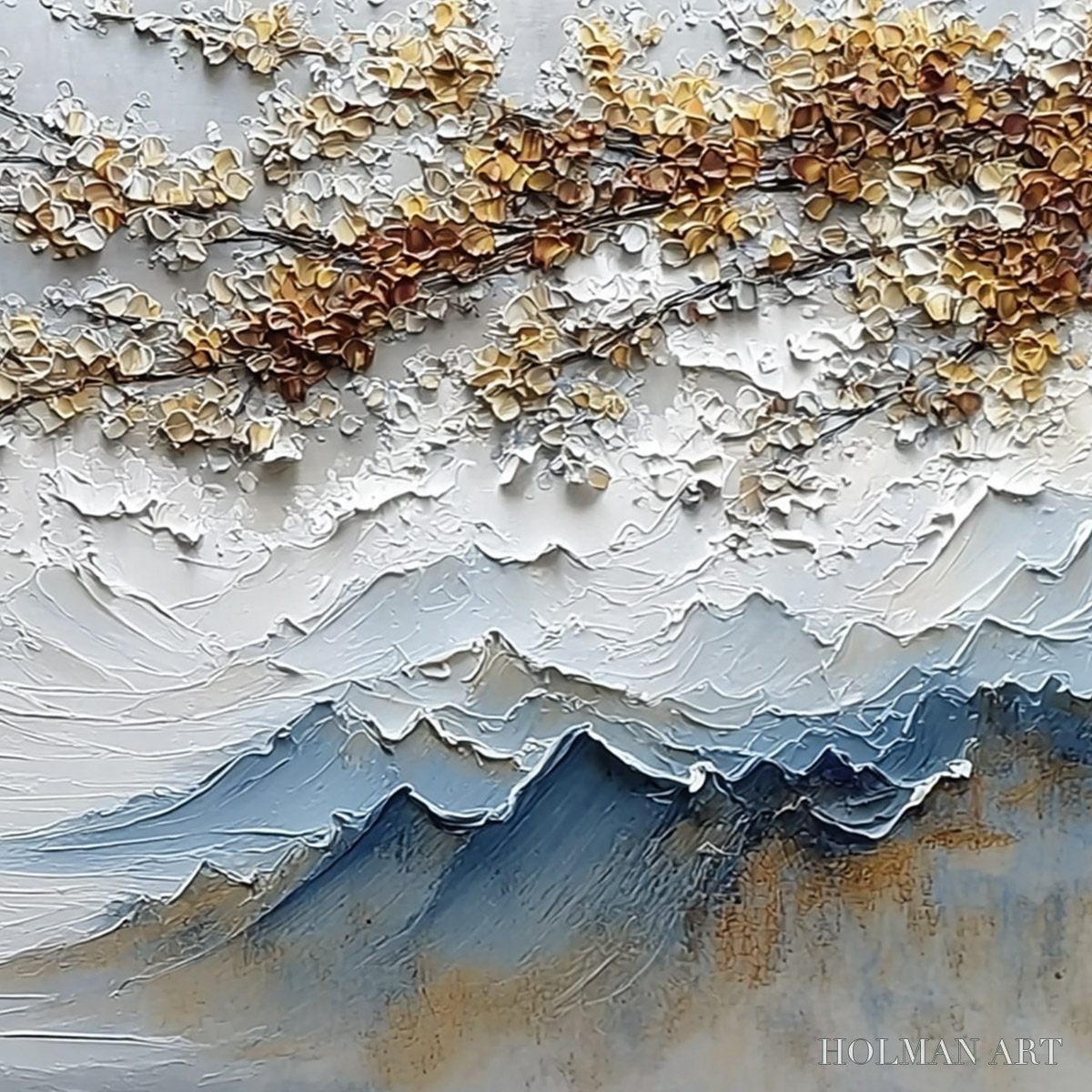 HOLMAN ART Whispers of the Valley – Textured Mountain Landscape Painting with Golden Blossoms - image 5