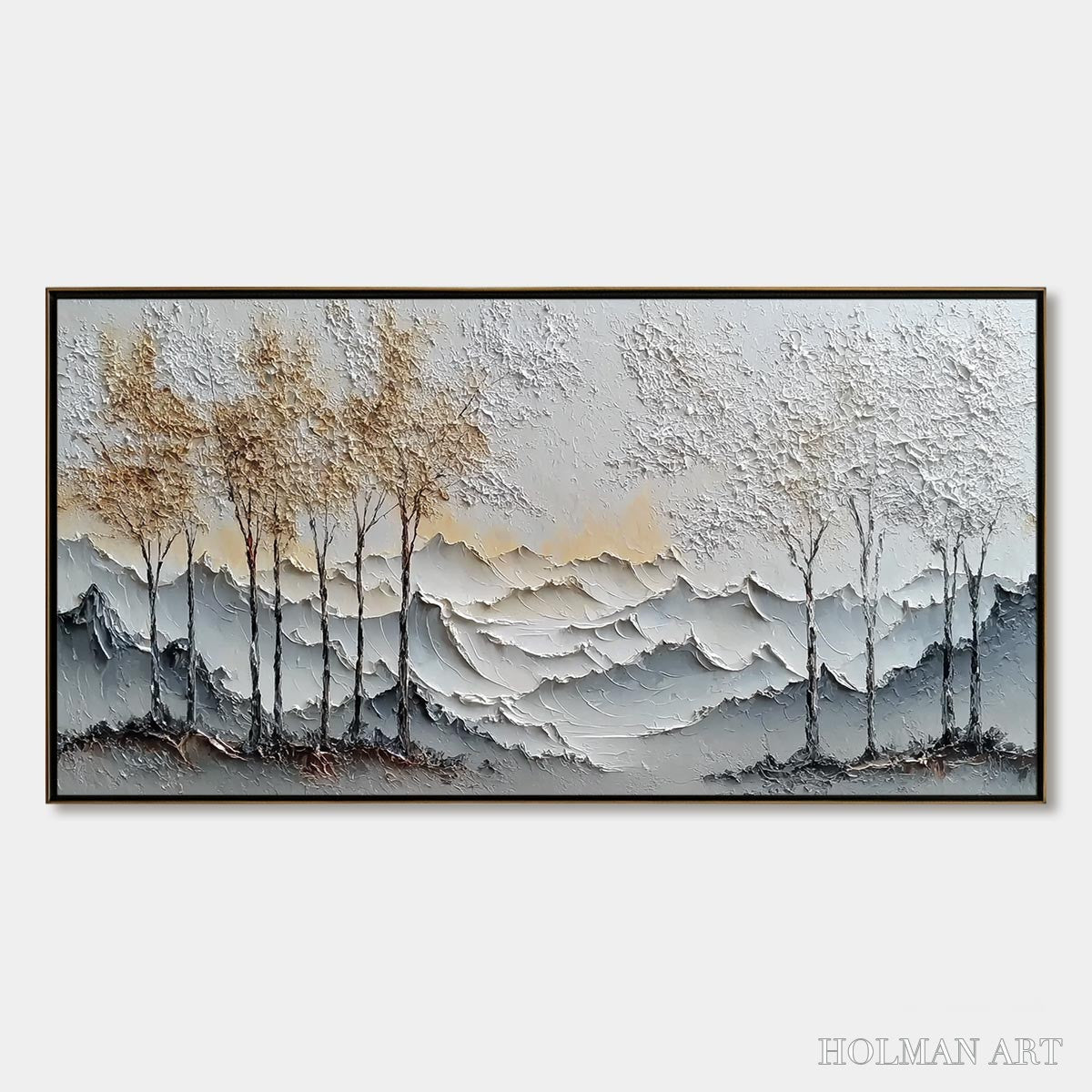 HOLMAN ART Golden Silence – Textured Wabi Sabi Mountain and Trees Landscape Painting - image 1