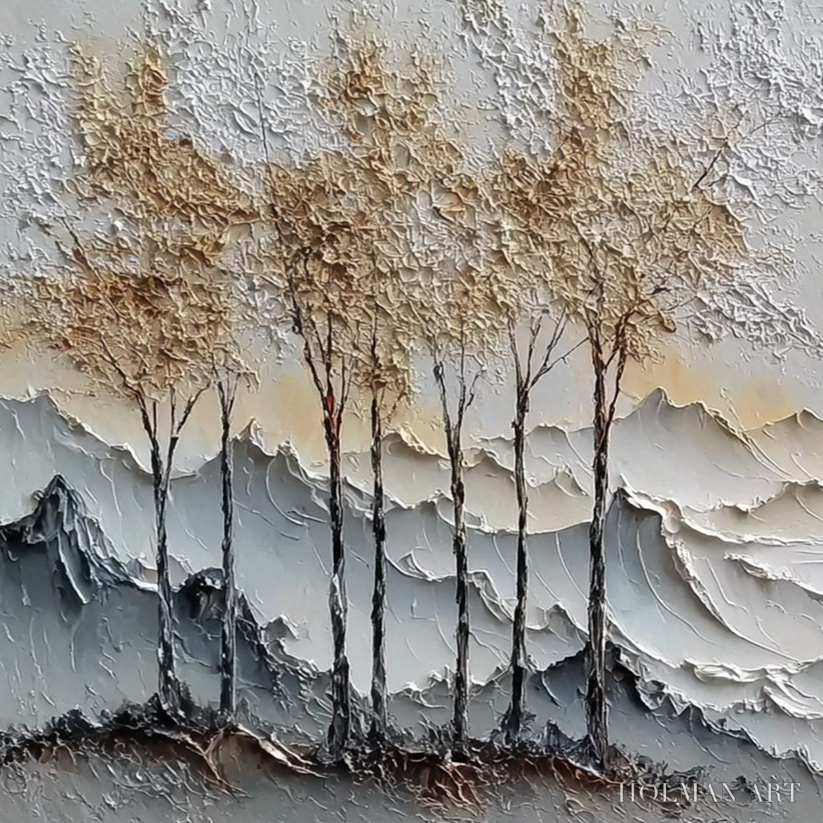 HOLMAN ART Golden Silence – Textured Wabi Sabi Mountain and Trees Landscape Painting - image 3