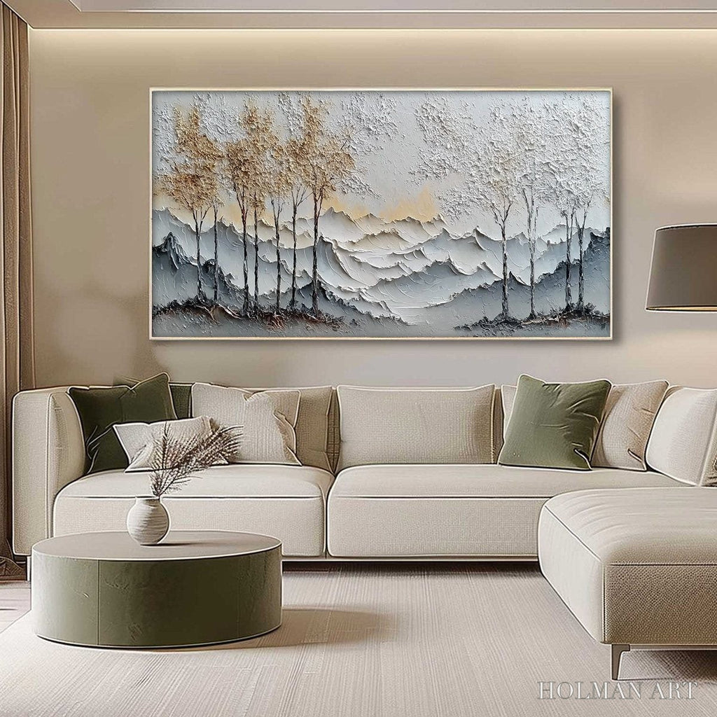 HOLMAN ART Golden Silence – Textured Wabi Sabi Mountain and Trees Landscape Painting - image 4