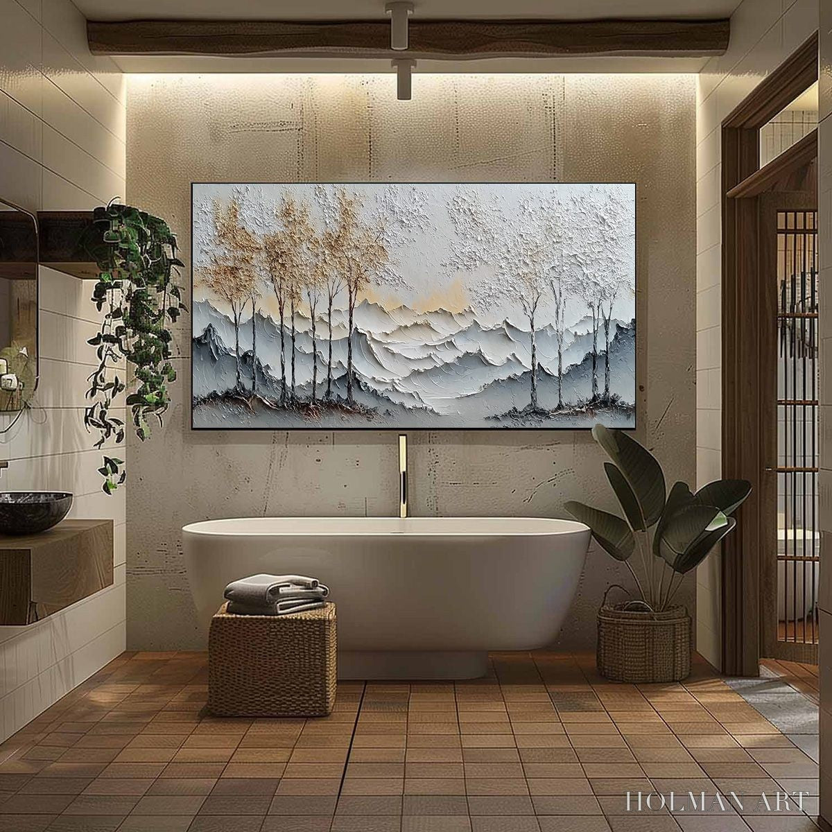 HOLMAN ART Golden Silence – Textured Wabi Sabi Mountain and Trees Landscape Painting - image 6