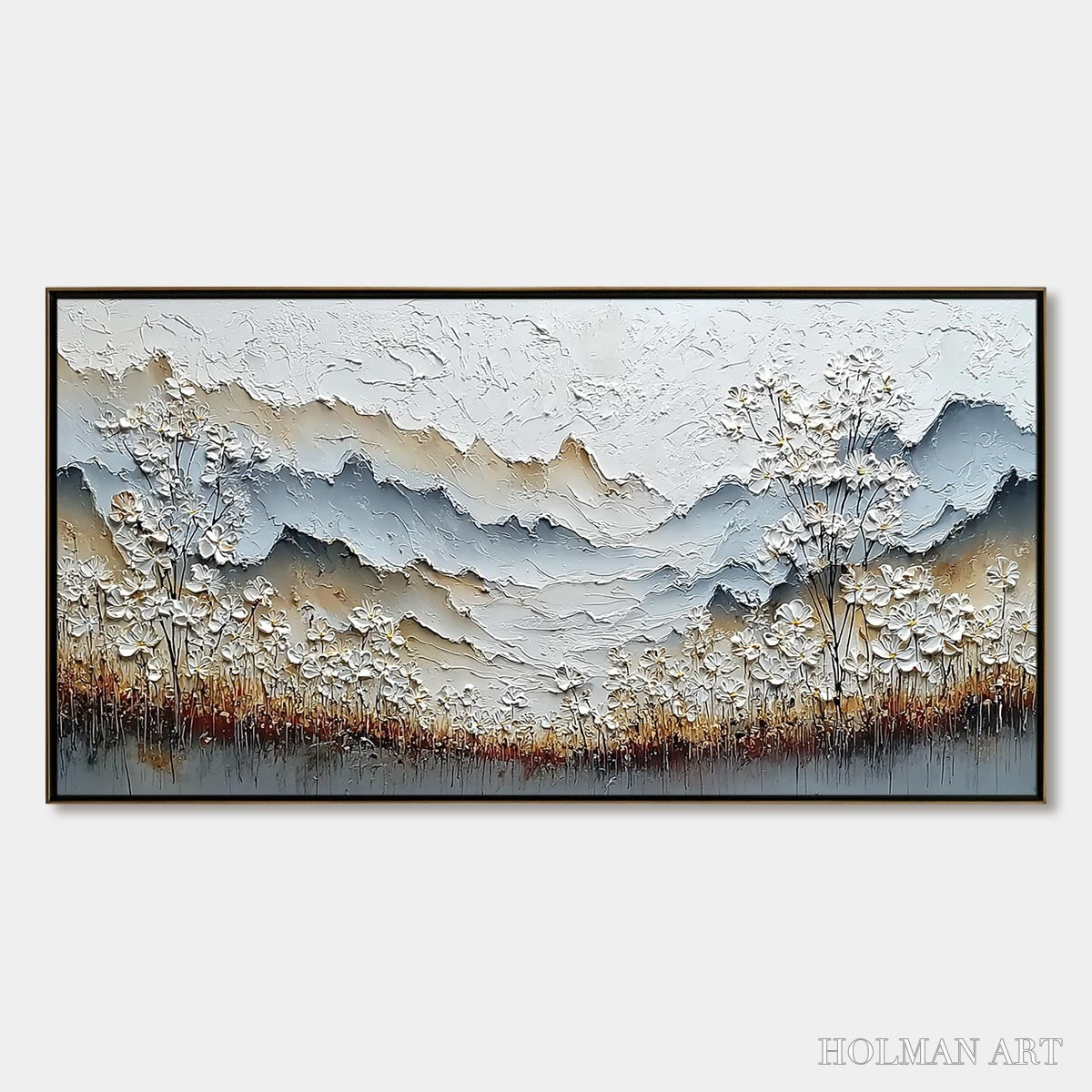 HOLMAN ART Whispering Meadow – Heavily Textured Wabi Sabi Mountain & Flower Landscape Painting - image 1
