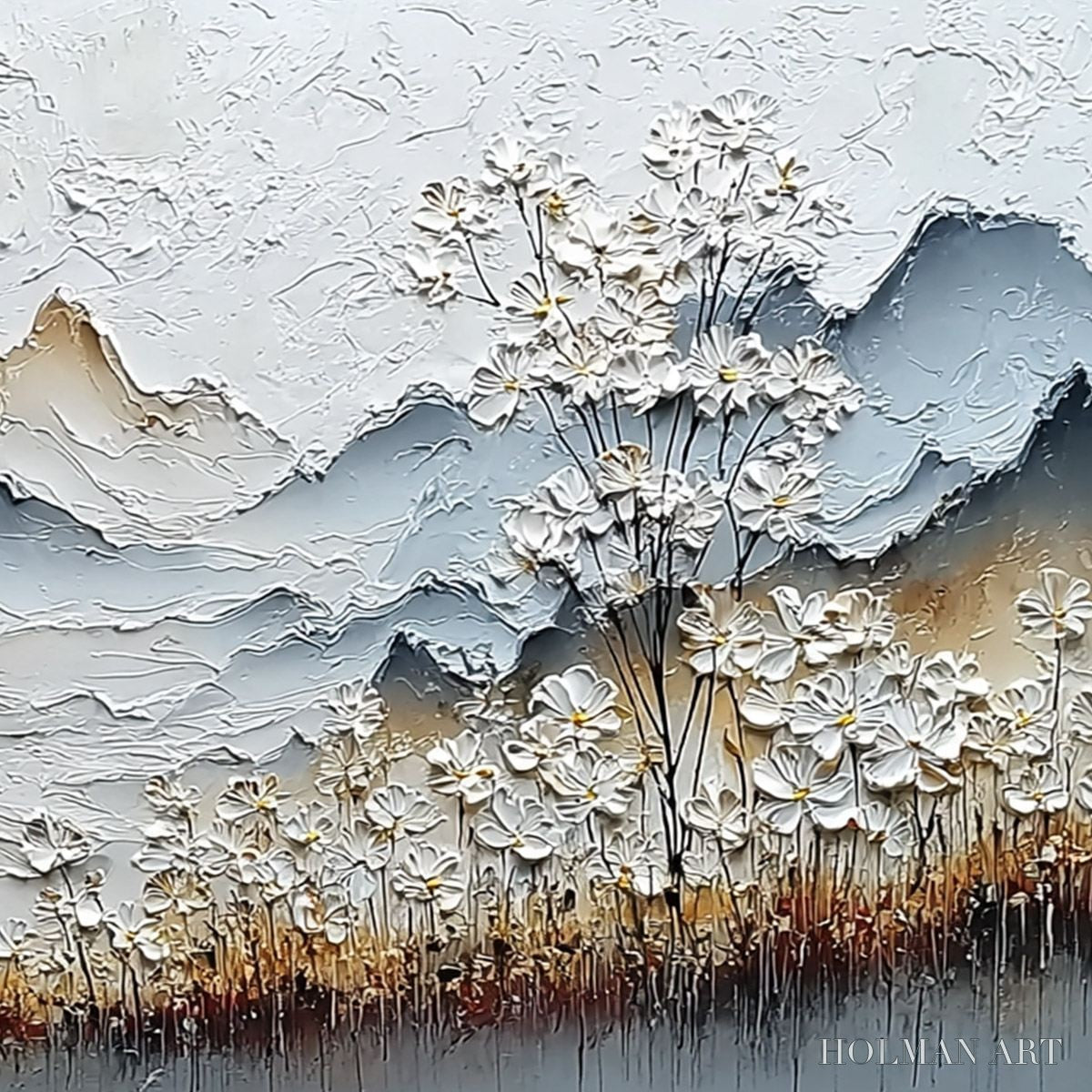 HOLMAN ART Whispering Meadow – Heavily Textured Wabi Sabi Mountain & Flower Landscape Painting - image 5