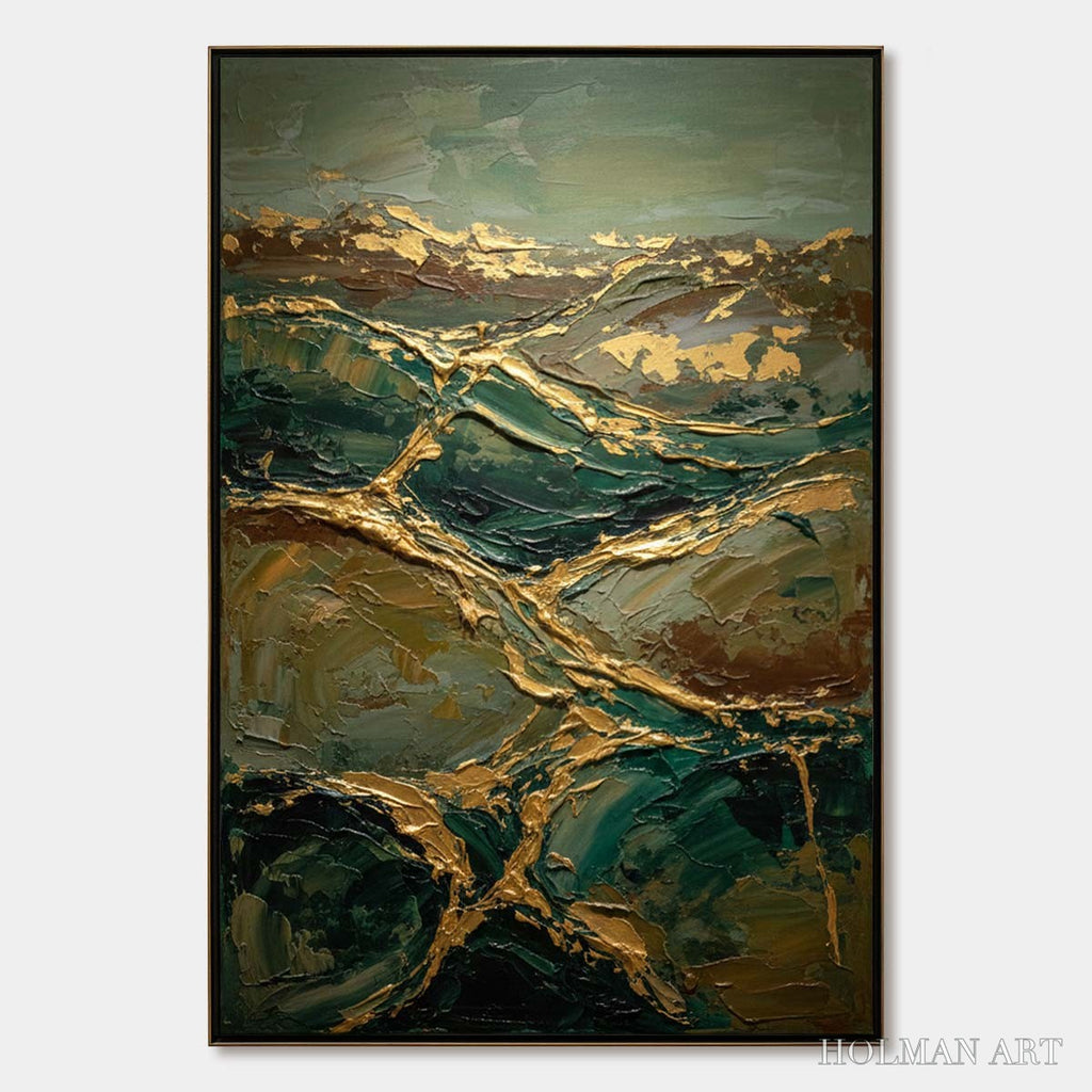 HOLMAN ART Golden Strata – Textured Abstract Green and Gold Mountain Impasto Painting - image 1