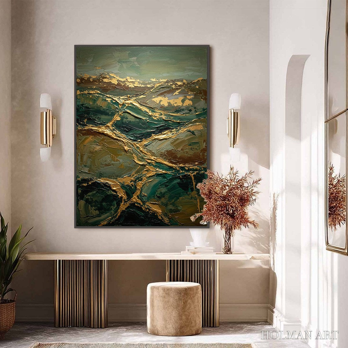 HOLMAN ART Golden Strata – Textured Abstract Green and Gold Mountain Impasto Painting - image 2