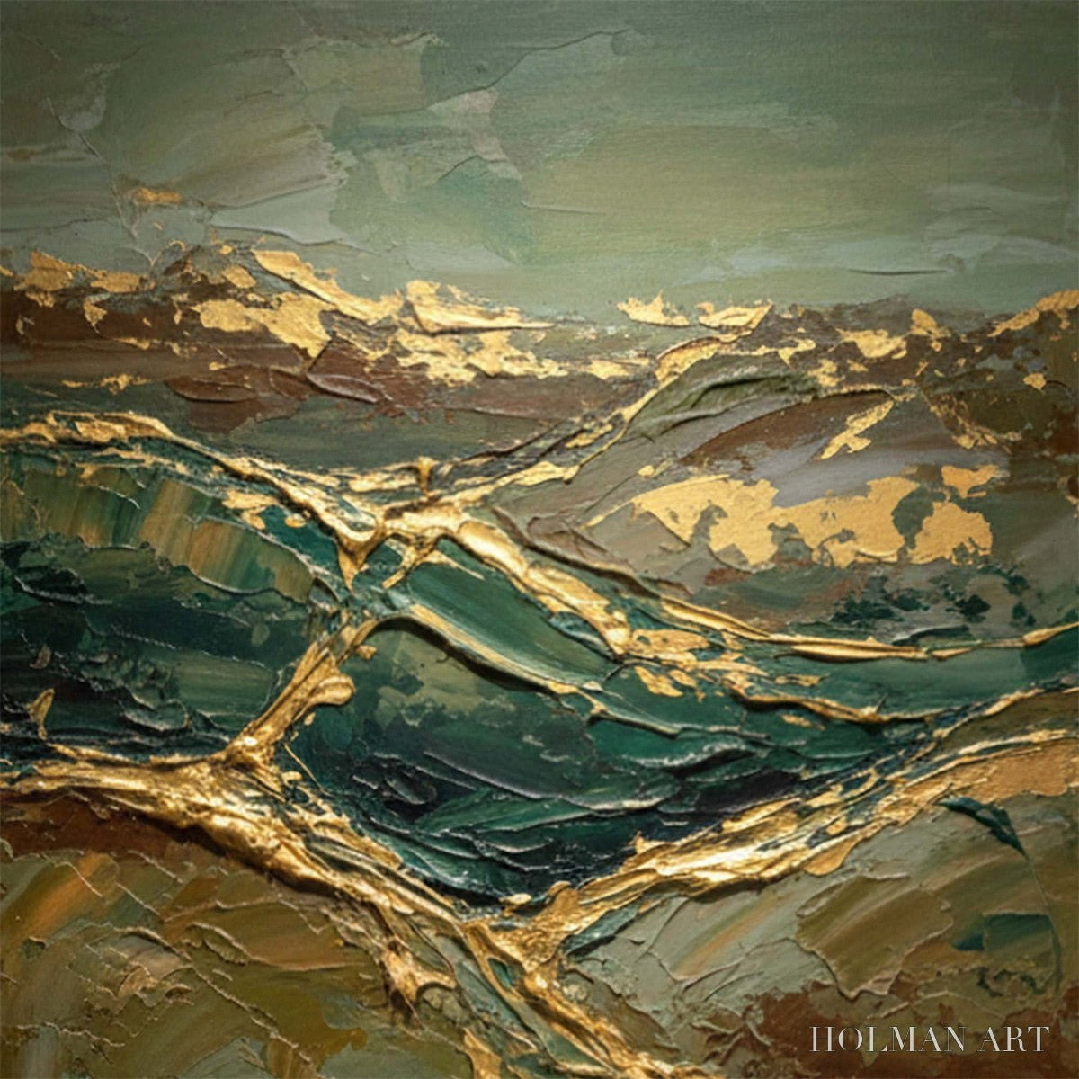 HOLMAN ART Golden Strata – Textured Abstract Green and Gold Mountain Impasto Painting - image 3