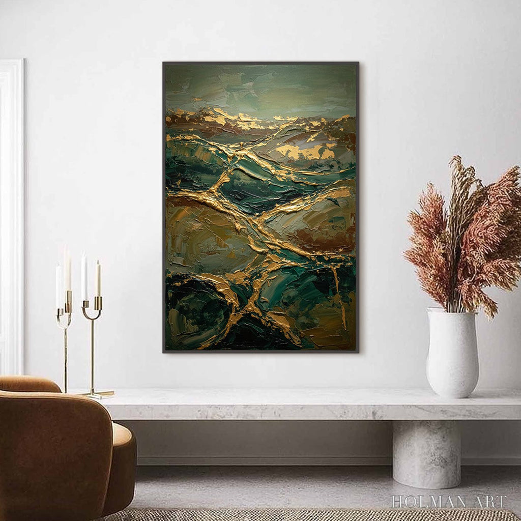 HOLMAN ART Golden Strata – Textured Abstract Green and Gold Mountain Impasto Painting - image 4