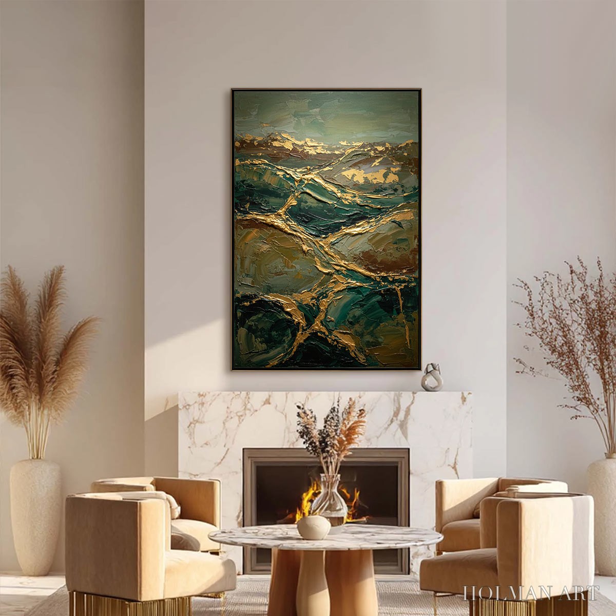 HOLMAN ART Golden Strata – Textured Abstract Green and Gold Mountain Impasto Painting - image 6