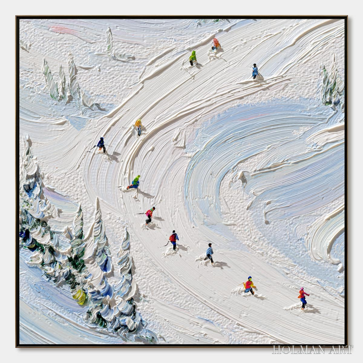 HOLMAN ART Alpine Rush – Textured Impasto Painting of Skiers on a Snowy Mountain - image 1