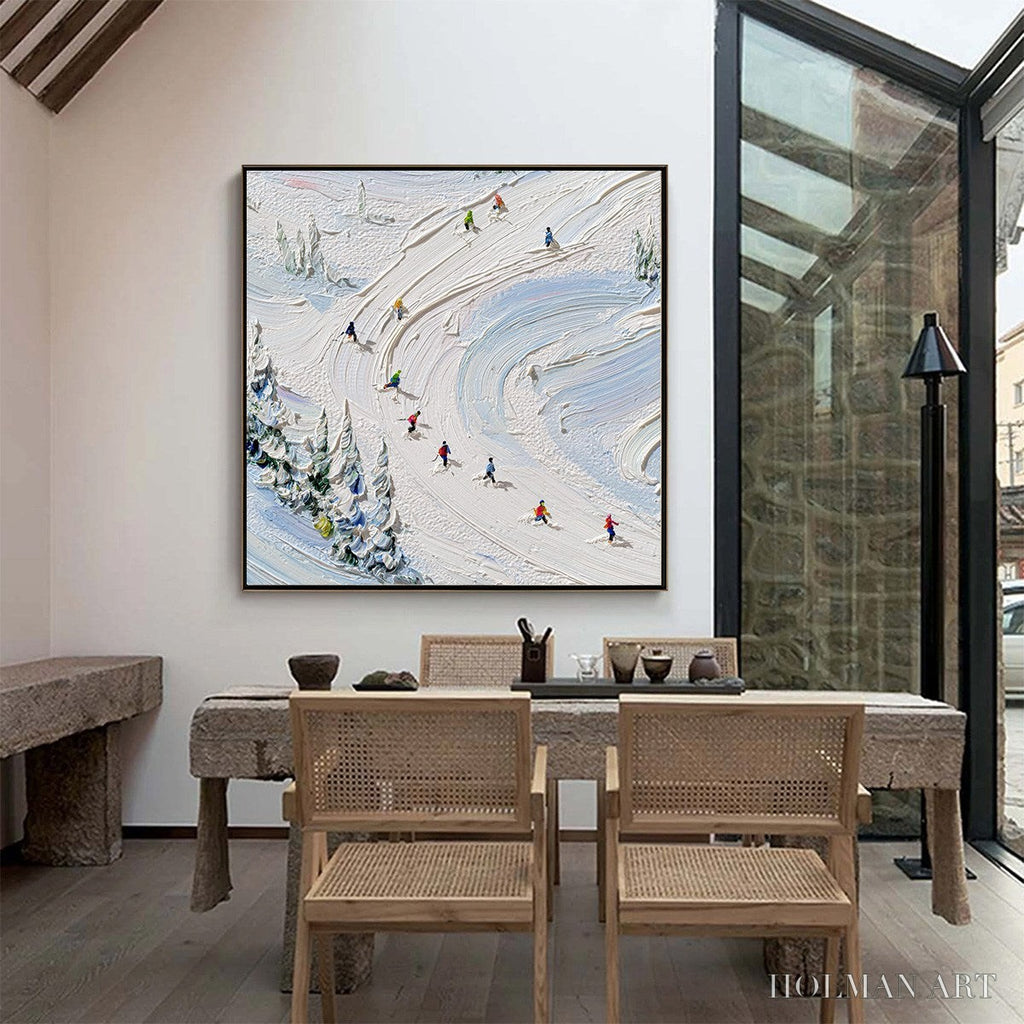 HOLMAN ART Alpine Rush – Textured Impasto Painting of Skiers on a Snowy Mountain - image 4
