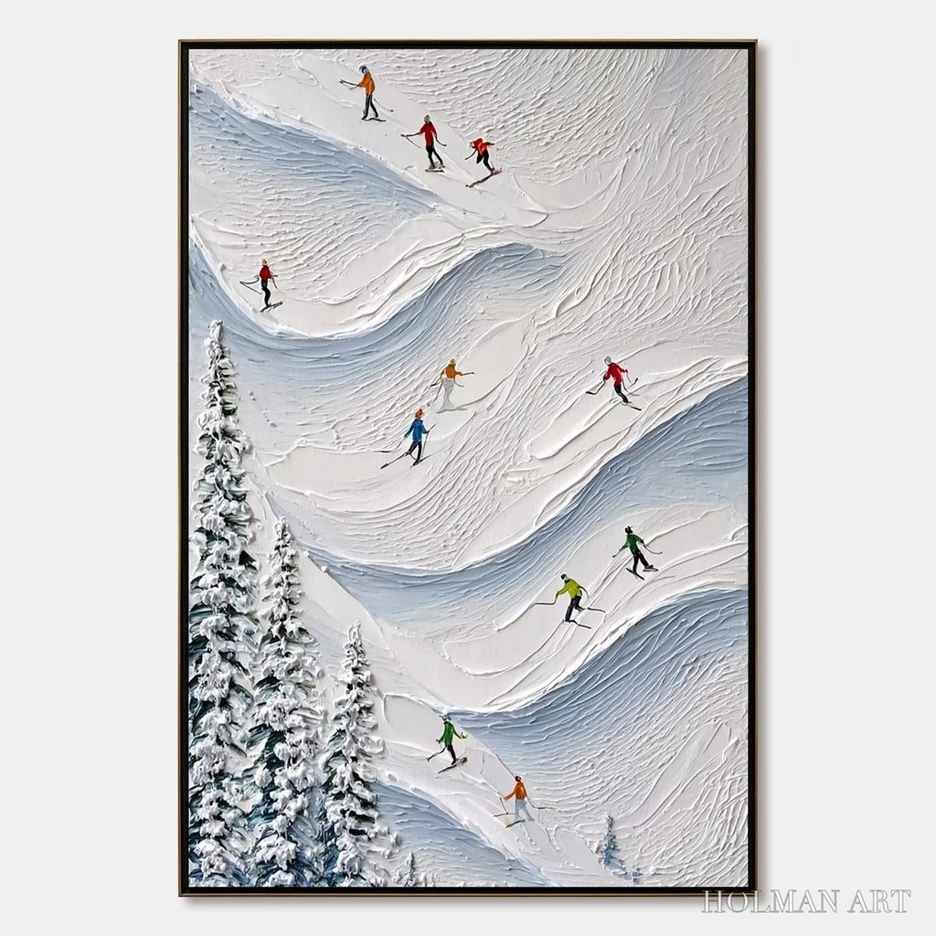 HOLMAN ART Alpine Rush – Textured Impasto Painting of Skiers on a Snowy Mountain - image 1