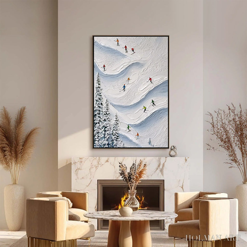 HOLMAN ART Alpine Rush – Textured Impasto Painting of Skiers on a Snowy Mountain - image 2
