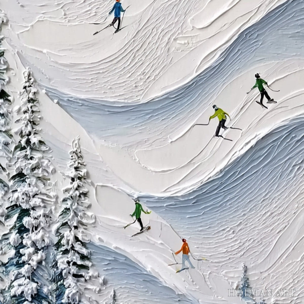 HOLMAN ART Alpine Rush – Textured Impasto Painting of Skiers on a Snowy Mountain - image 3