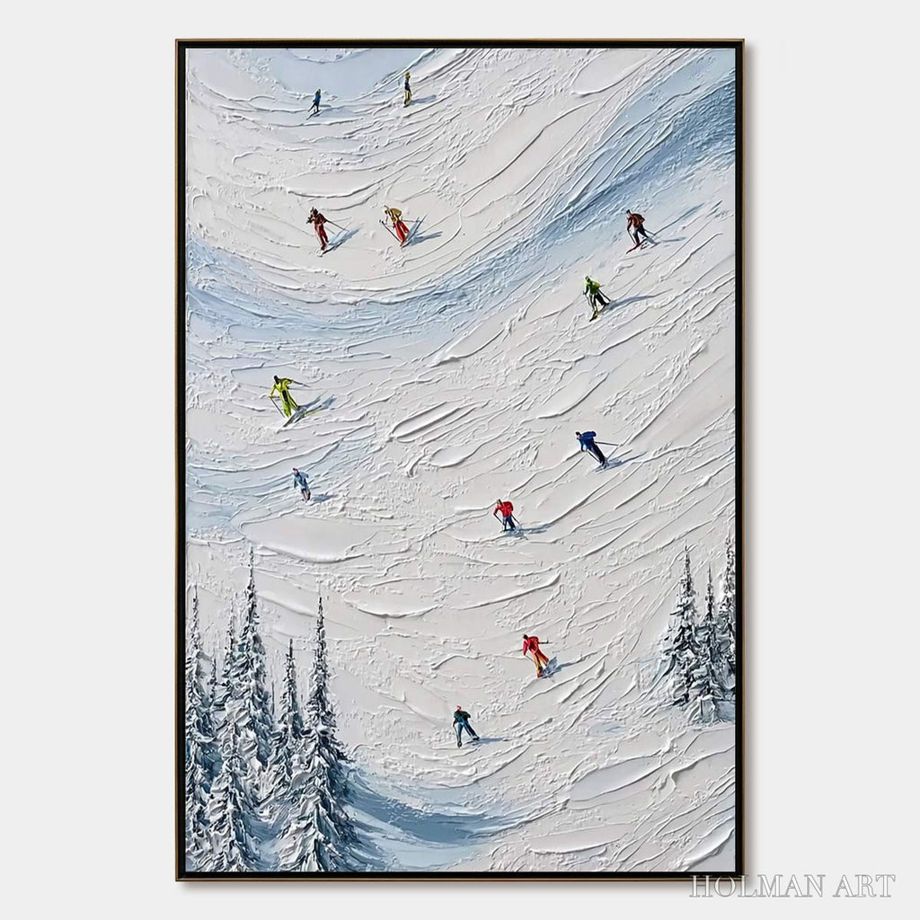 HOLMAN ART Alpine Rush – Textured Impasto Painting of Skiers on a Snowy Mountain - image 1