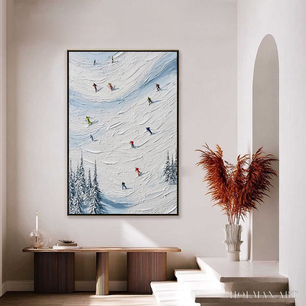 HOLMAN ART Alpine Rush – Textured Impasto Painting of Skiers on a Snowy Mountain - image 2