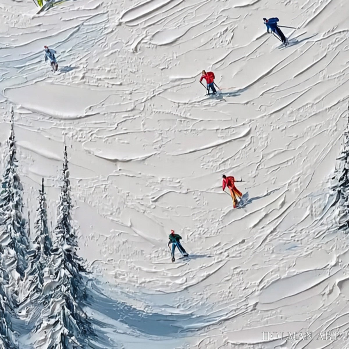 HOLMAN ART Alpine Rush – Textured Impasto Painting of Skiers on a Snowy Mountain - image 3
