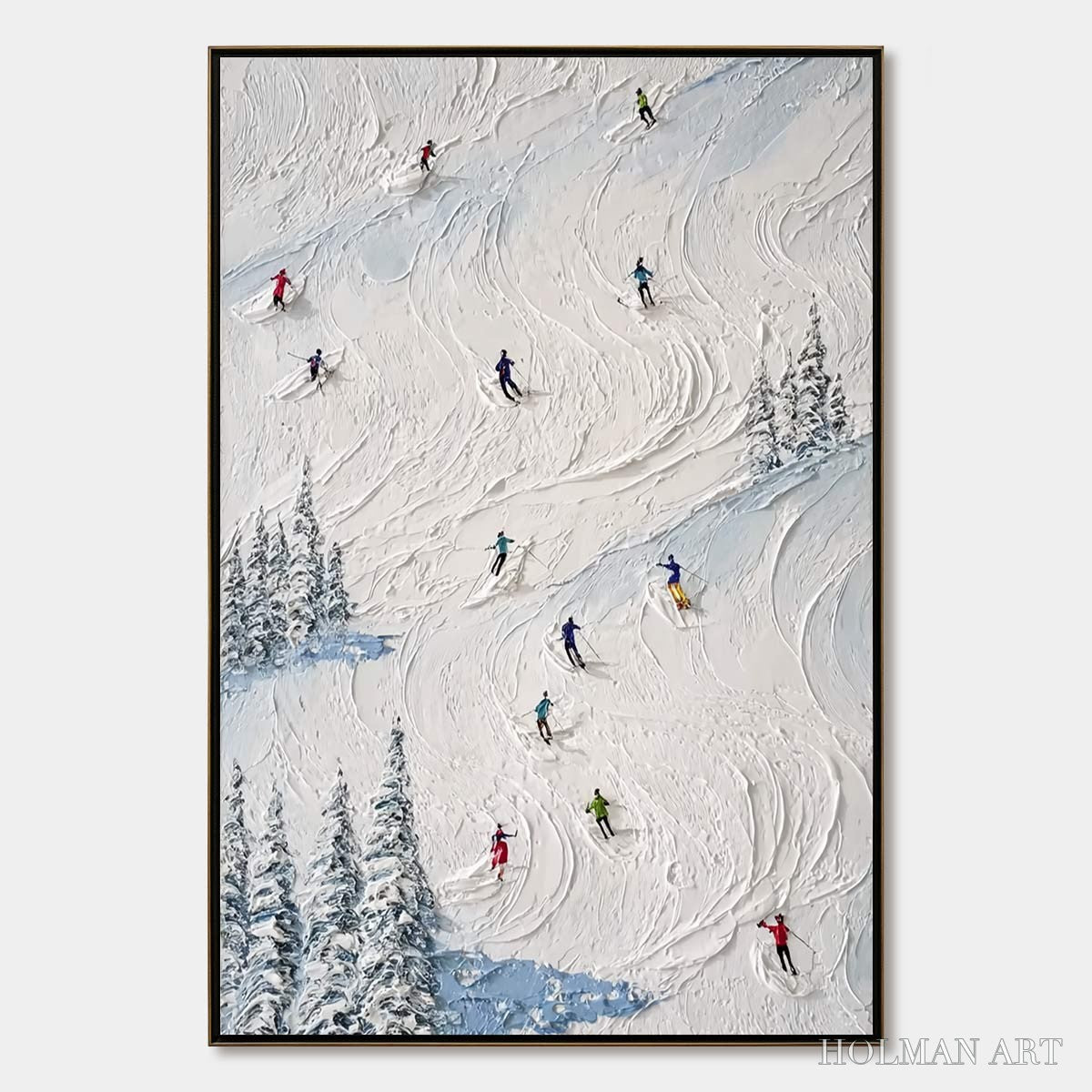 HOLMAN ART Alpine Rush – Heavy Texture Impasto Painting of Skiers on a Mountain Slope - image 1