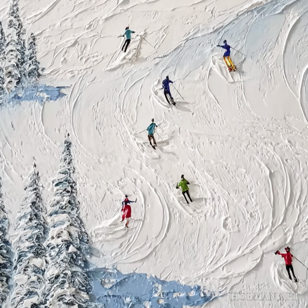 HOLMAN ART Alpine Rush – Heavy Texture Impasto Painting of Skiers on a Mountain Slope - image 3