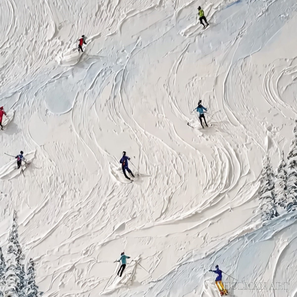 HOLMAN ART Alpine Rush – Heavy Texture Impasto Painting of Skiers on a Mountain Slope - image 5