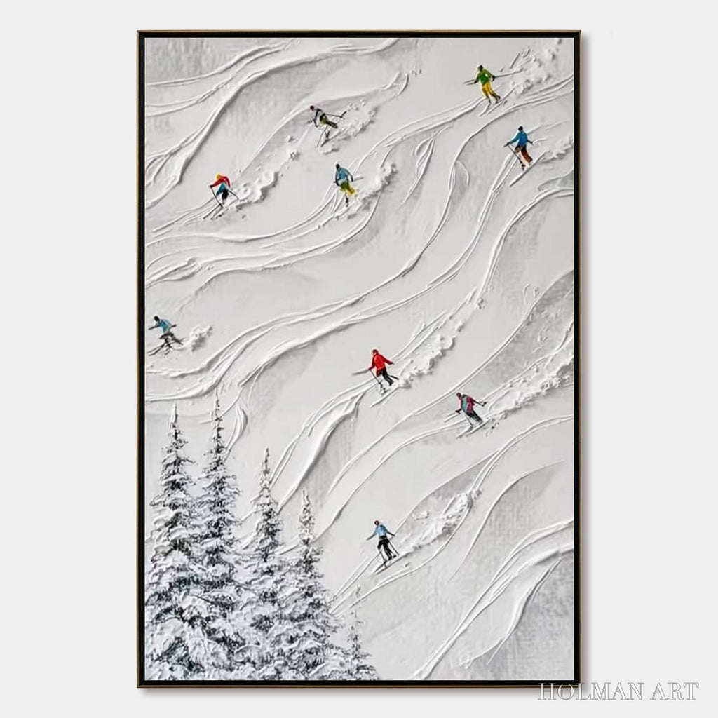 HOLMAN ART Alpine Rush – Textured Impasto Painting of Skiers on a Snowy Mountain - image 1