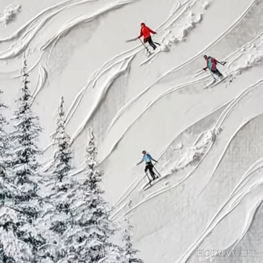 HOLMAN ART Alpine Rush – Textured Impasto Painting of Skiers on a Snowy Mountain - image 3