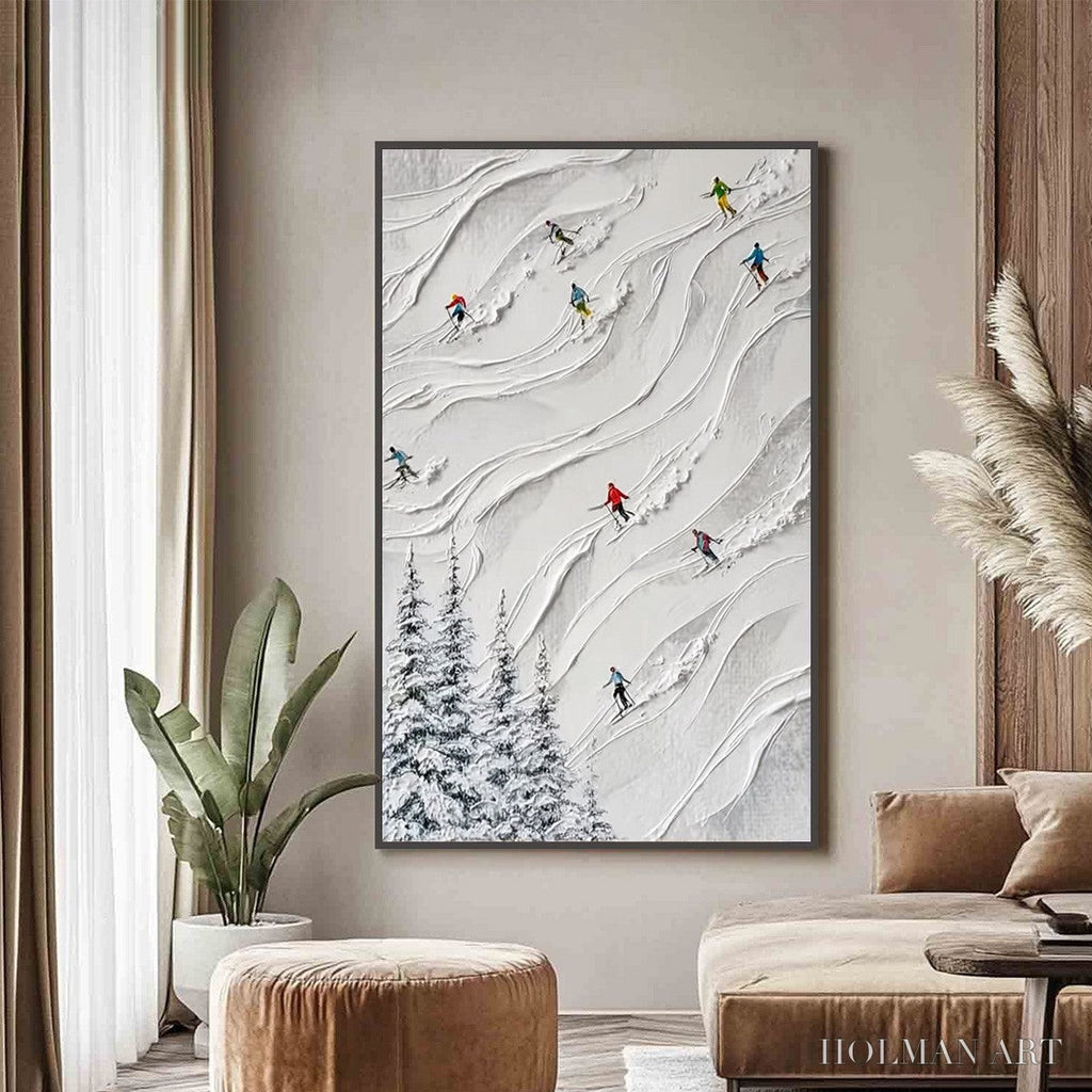 HOLMAN ART Alpine Rush – Textured Impasto Painting of Skiers on a Snowy Mountain - image 4