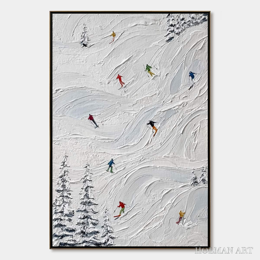 HOLMAN ART Alpine Rush – Textured Impasto Painting of Skiers on Snowy Slopes - image 1
