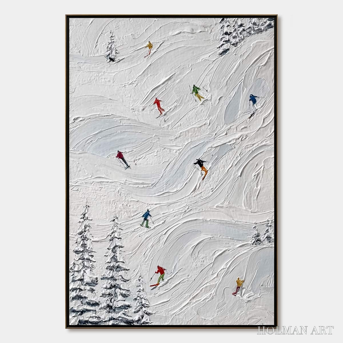 HOLMAN ART Alpine Rush – Textured Impasto Painting of Skiers on Snowy Slopes - image 1