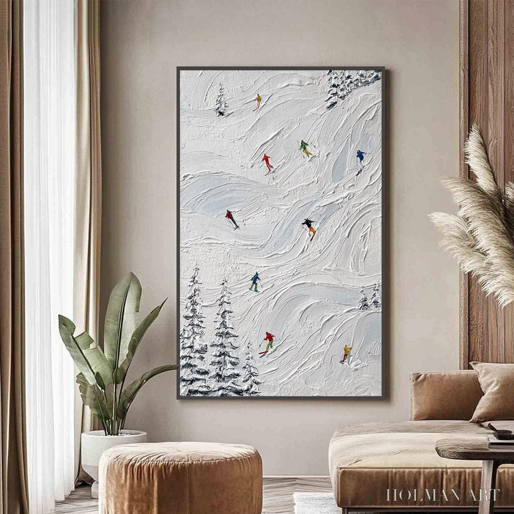 HOLMAN ART Alpine Rush – Textured Impasto Painting of Skiers on Snowy Slopes - image 2