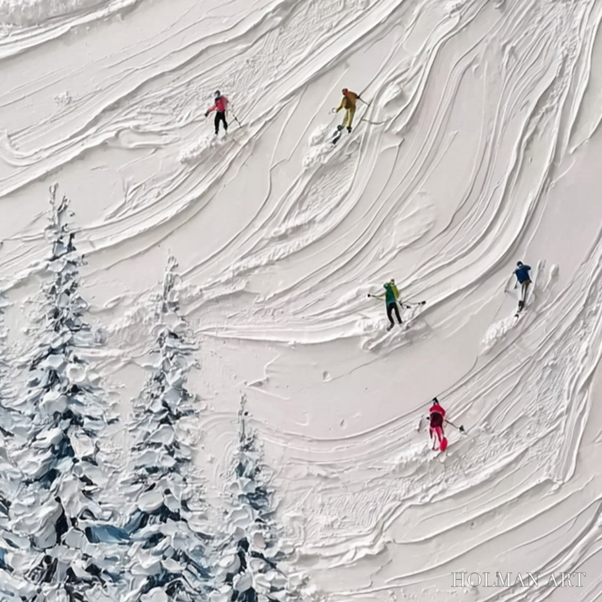 HOLMAN ART Alpine Rush – Textured Impasto Painting of Skiers on a Snowy Mountain - image 3