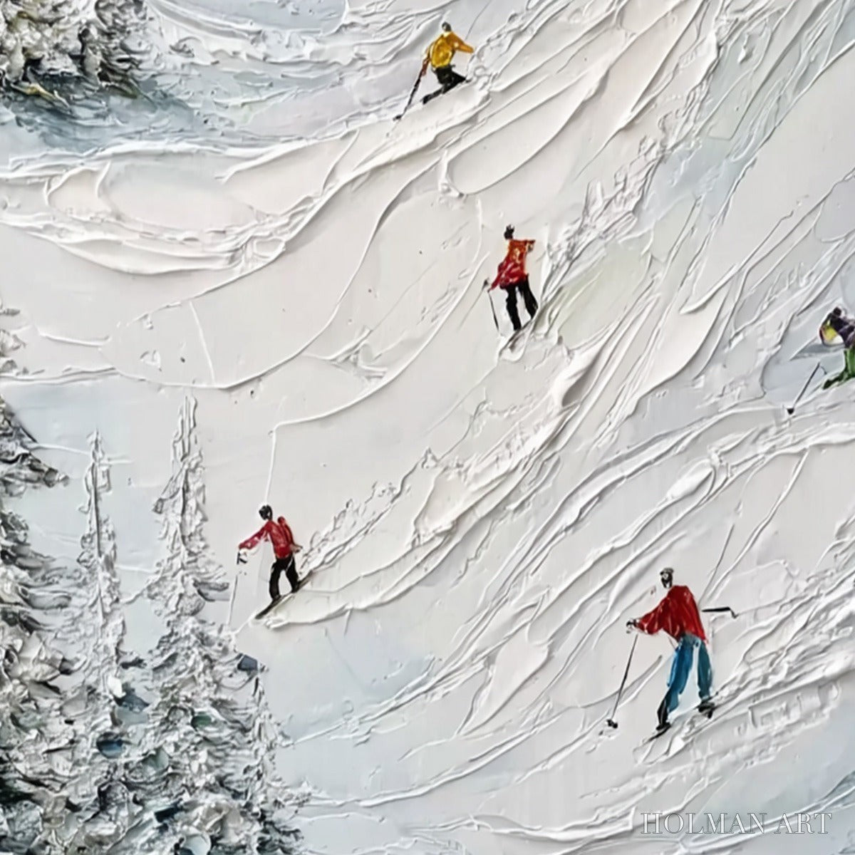 HOLMAN ART Alpine Rush – Heavy Texture Impasto Painting of Skiers on a Mountain - image 3