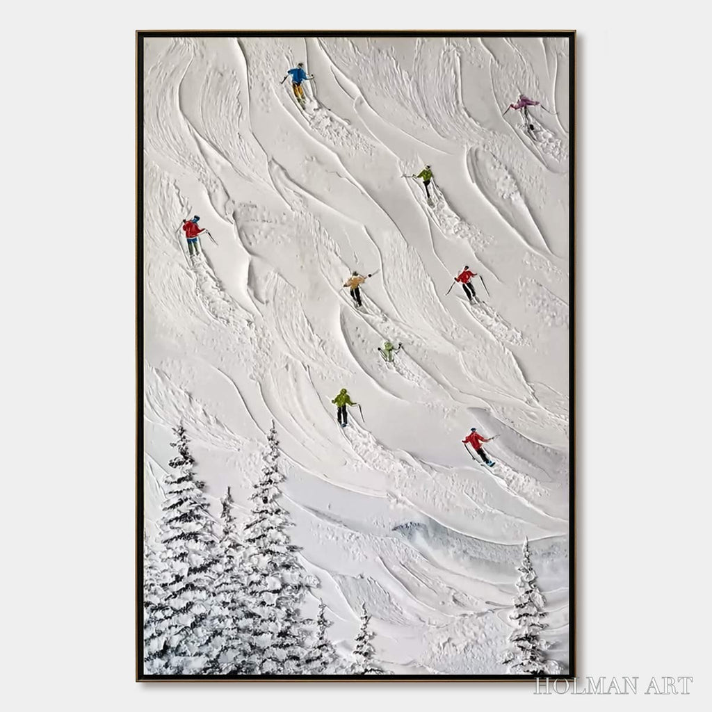 HOLMAN ART Alpine Rush – Textured Impasto Painting of Skiers on a Snowy Mountain - image 1