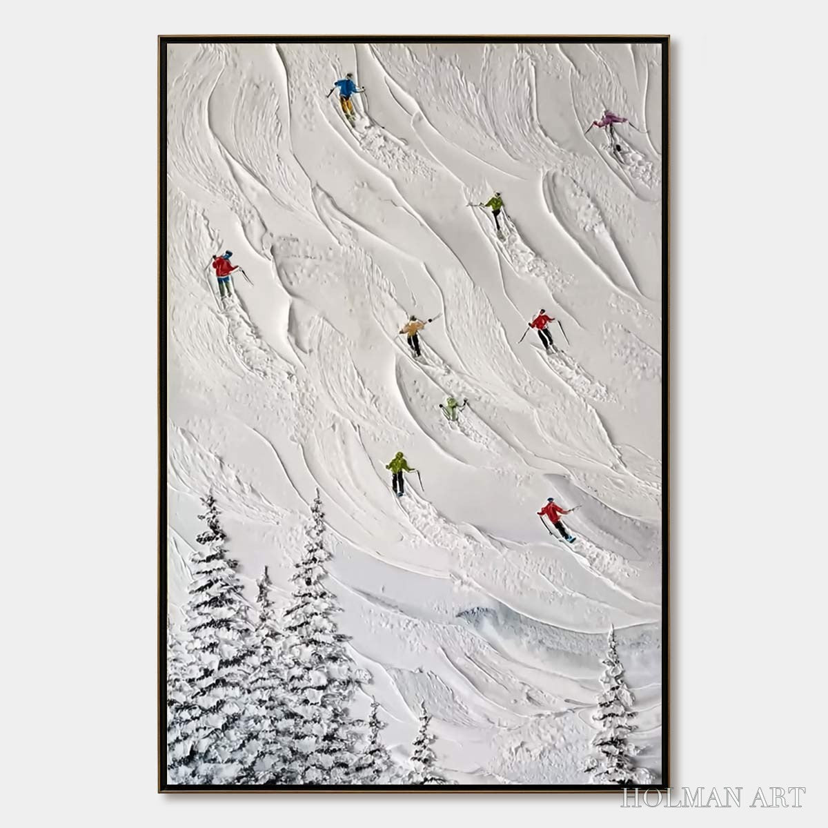 HOLMAN ART Alpine Rush – Textured Impasto Painting of Skiers on a Snowy Mountain - image 1
