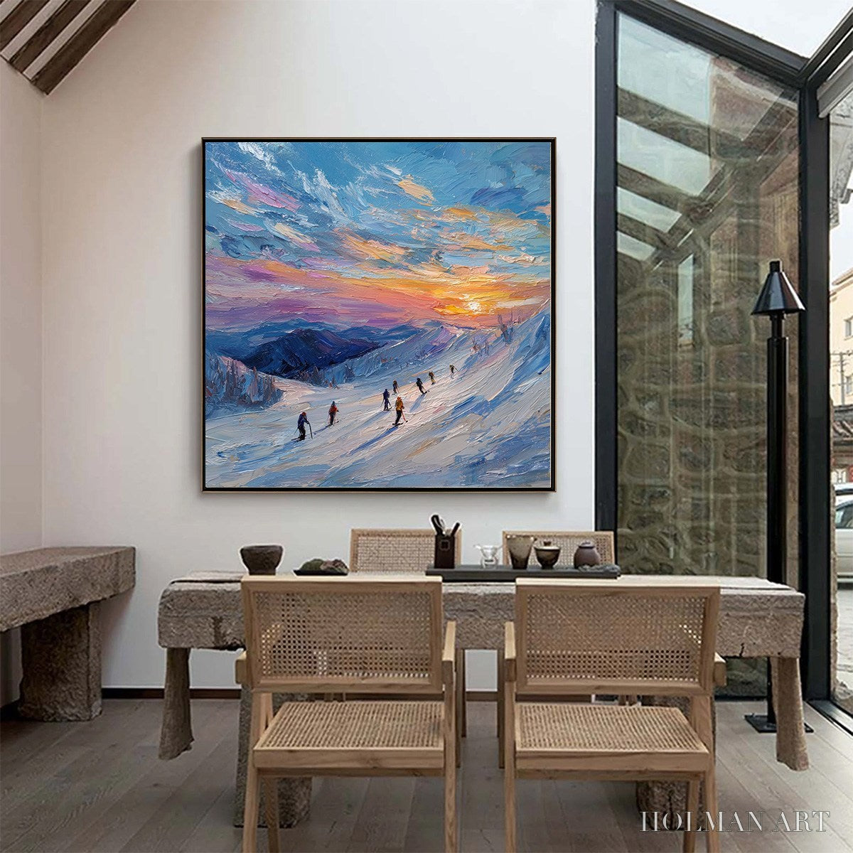 HOLMAN ART Alpine Glow – Textured Palette Knife Skiing Mountain Landscape Painting - image 4