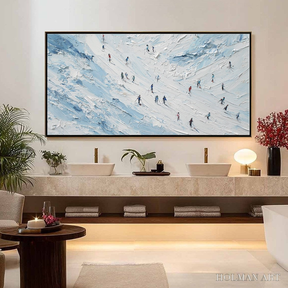 HOLMAN ART Alpine Descent – Textured Impasto Painting of Skiers on a Snowy Mountain - image 2