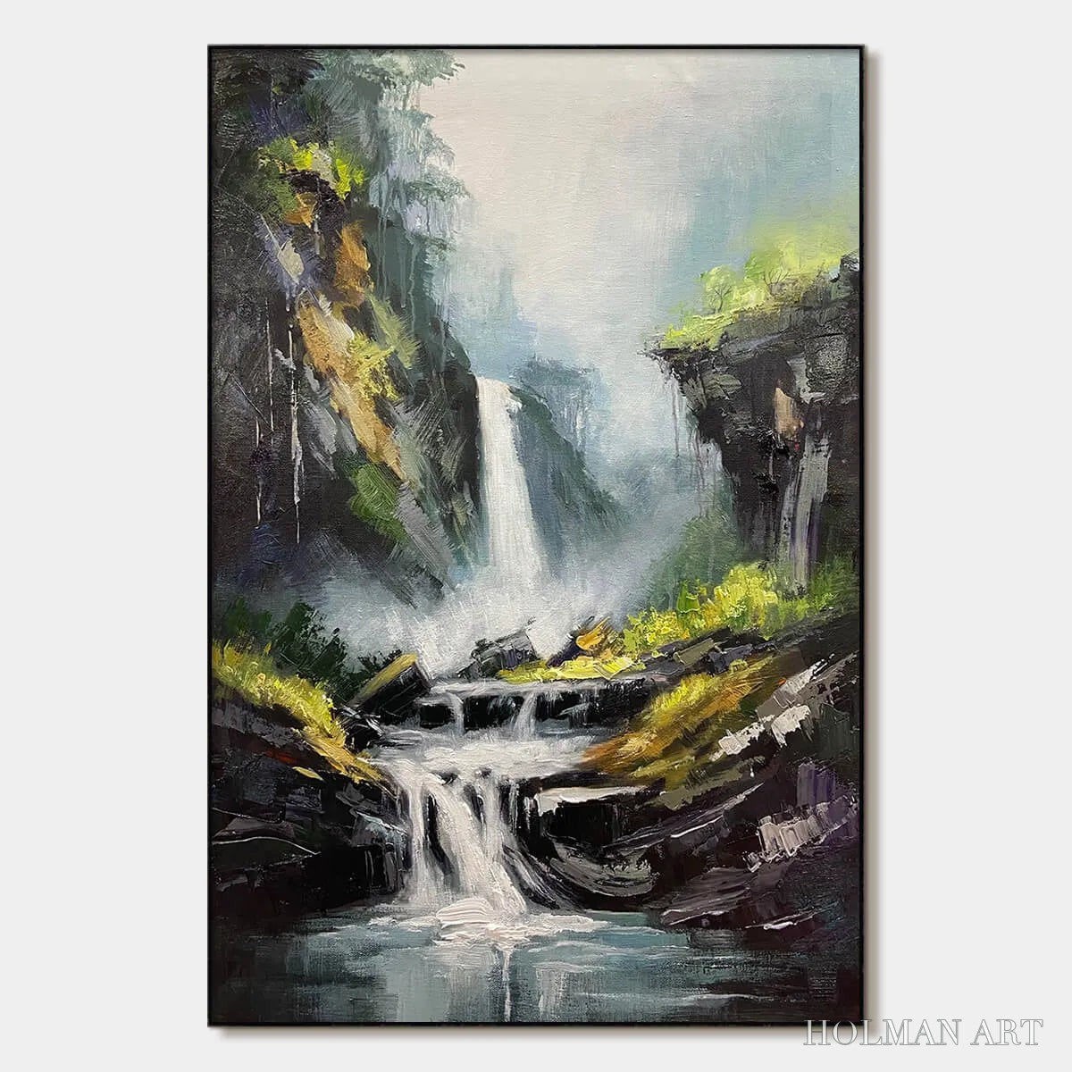 HOLMAN ART Cascading Mist – Waterfall Landscape Nature Oil Painting - image 1