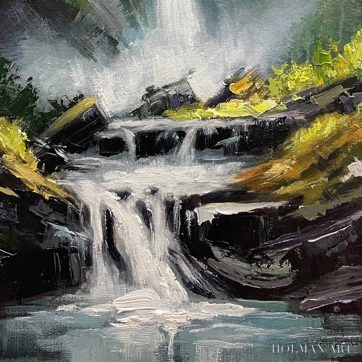 HOLMAN ART Cascading Mist – Waterfall Landscape Nature Oil Painting - image 3